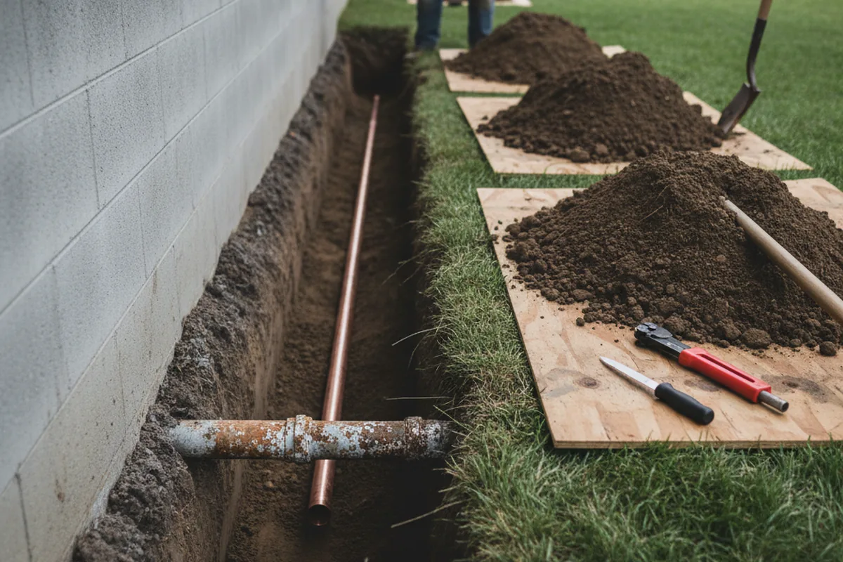Excavated water line trench during Sewer Line Repair in Imlay City